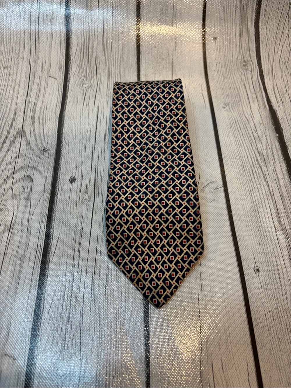 Liberty of London vintage silk Navy Tie with Red and Cream Diamond Motif